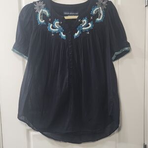 French Connection Navy Blouse with Teal Embroidered Beads